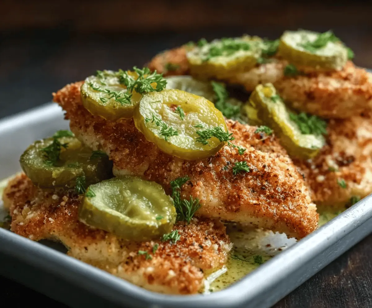 Delicious Dill Pickle Parmesan Chicken served on a plate with fresh herbs and lemon wedges, perfect for a flavorful meal.