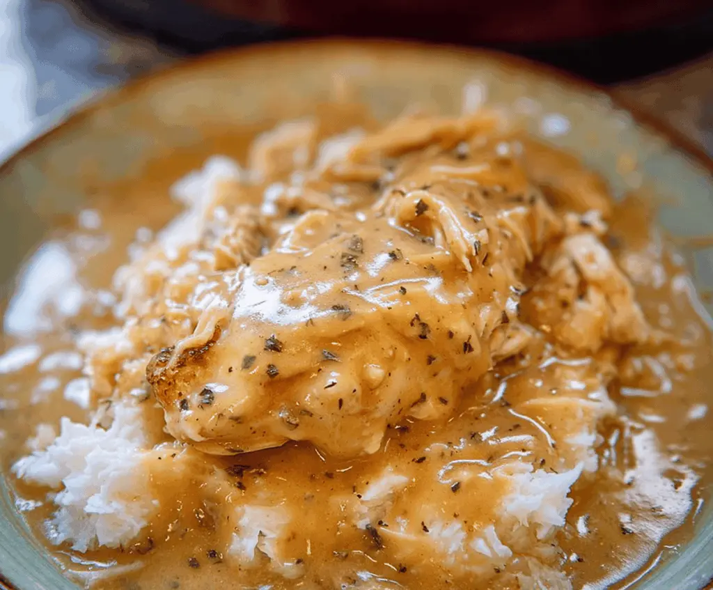 Delicious homemade Easy Crockpot Chicken and Gravy served over mashed potatoes with a creamy, savory sauce