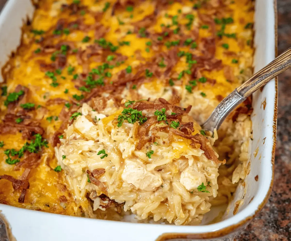 Easy French Onion Chicken Orzo Casserole