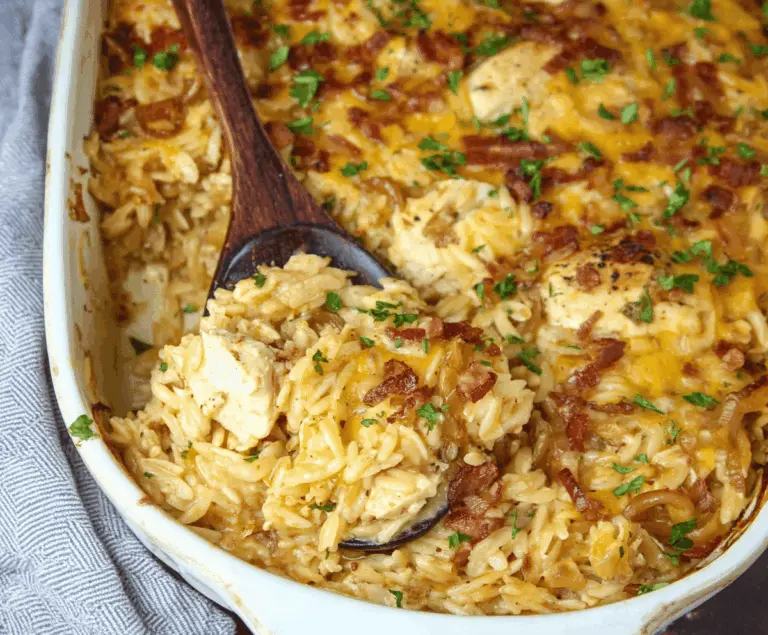 French Onion Chicken Orzo Casserole