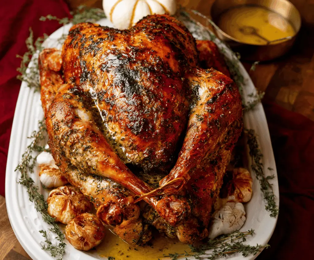 Juicy Roast Turkey topped with flavorful garlic herb butter, garnished with fresh herbs on a festive platter.