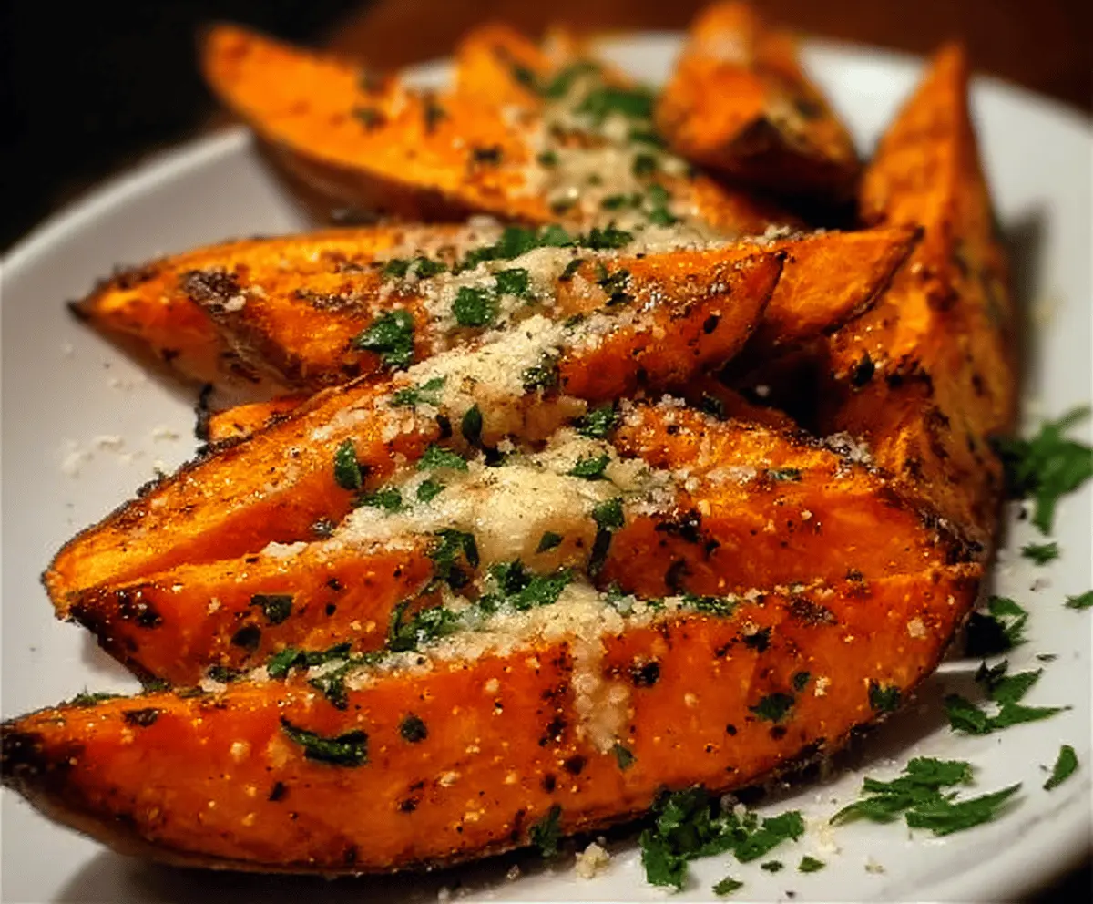Crispy Garlic Parmesan Sweet Potato Wedges