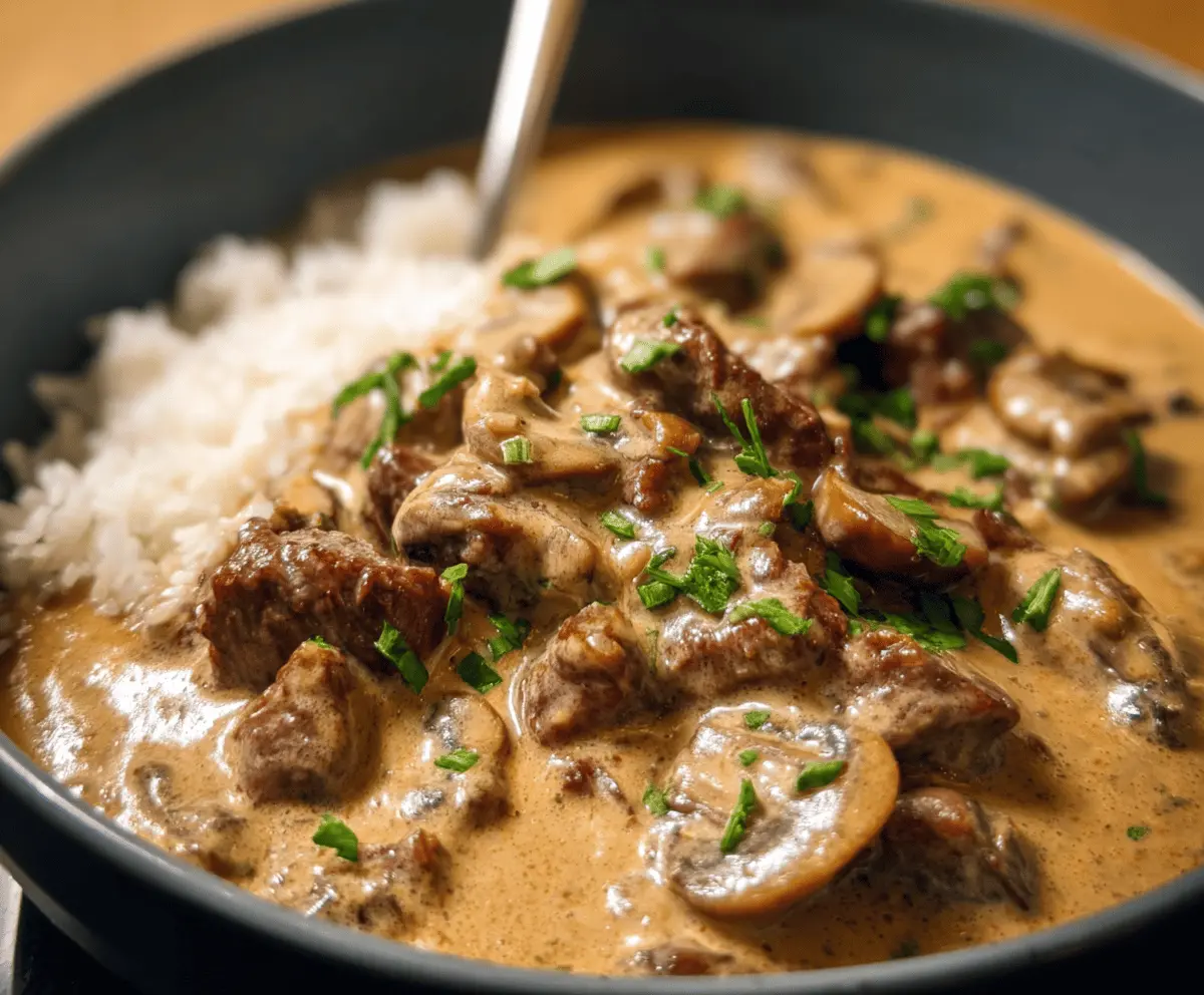 Creamy Gordon Ramsay Beef Stroganoff served over noodles with tender beef strips and savory mushroom sauce.