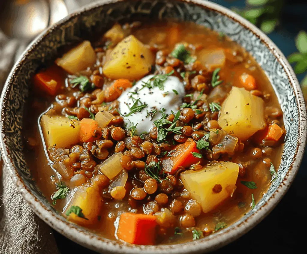 A steaming bowl of hearty lentil and potato soup garnished with fresh herbs, showcasing a comforting and nutritious meal option.