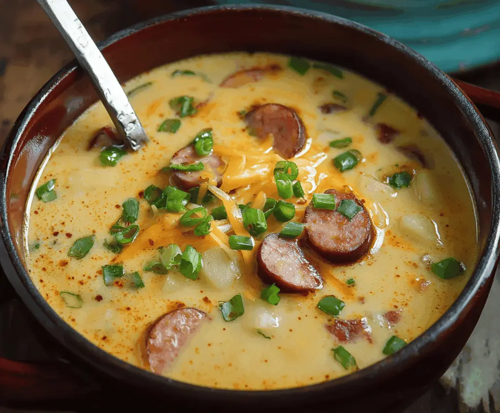 Creamy kielbasa potato soup in a bowl garnished with fresh herbs and served with crusty bread