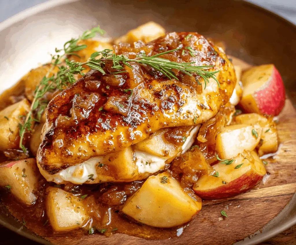 Juicy chicken breast stuffed with melted Brie cheese and crisp apple slices, glazed with sweet maple syrup for a flavorful Maple Glazed Apple and Brie Stuffed Chicken dinner.