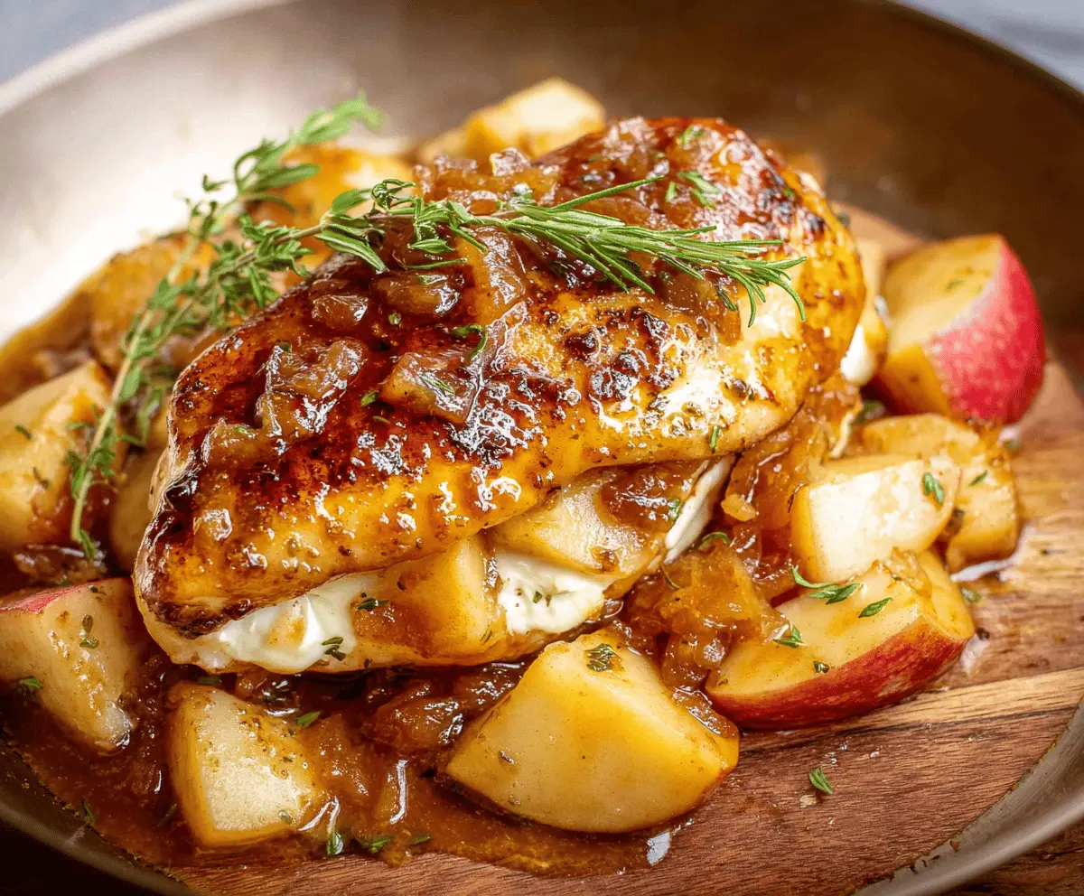 Juicy chicken breast stuffed with melted Brie cheese and crisp apple slices, glazed with sweet maple syrup for a flavorful Maple Glazed Apple and Brie Stuffed Chicken dinner.