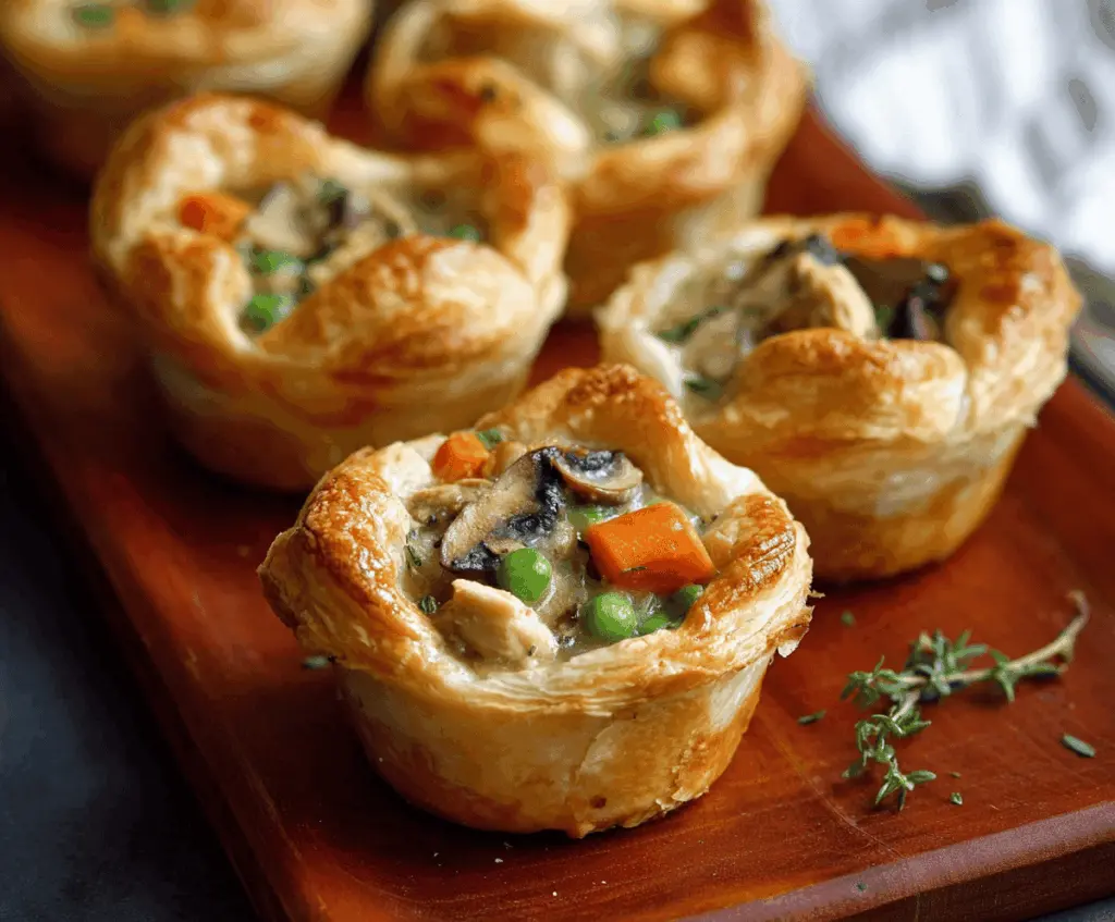 Mini Chicken Pot Pies topped with golden crust and creamy filling, perfect for a savory snack or main course.