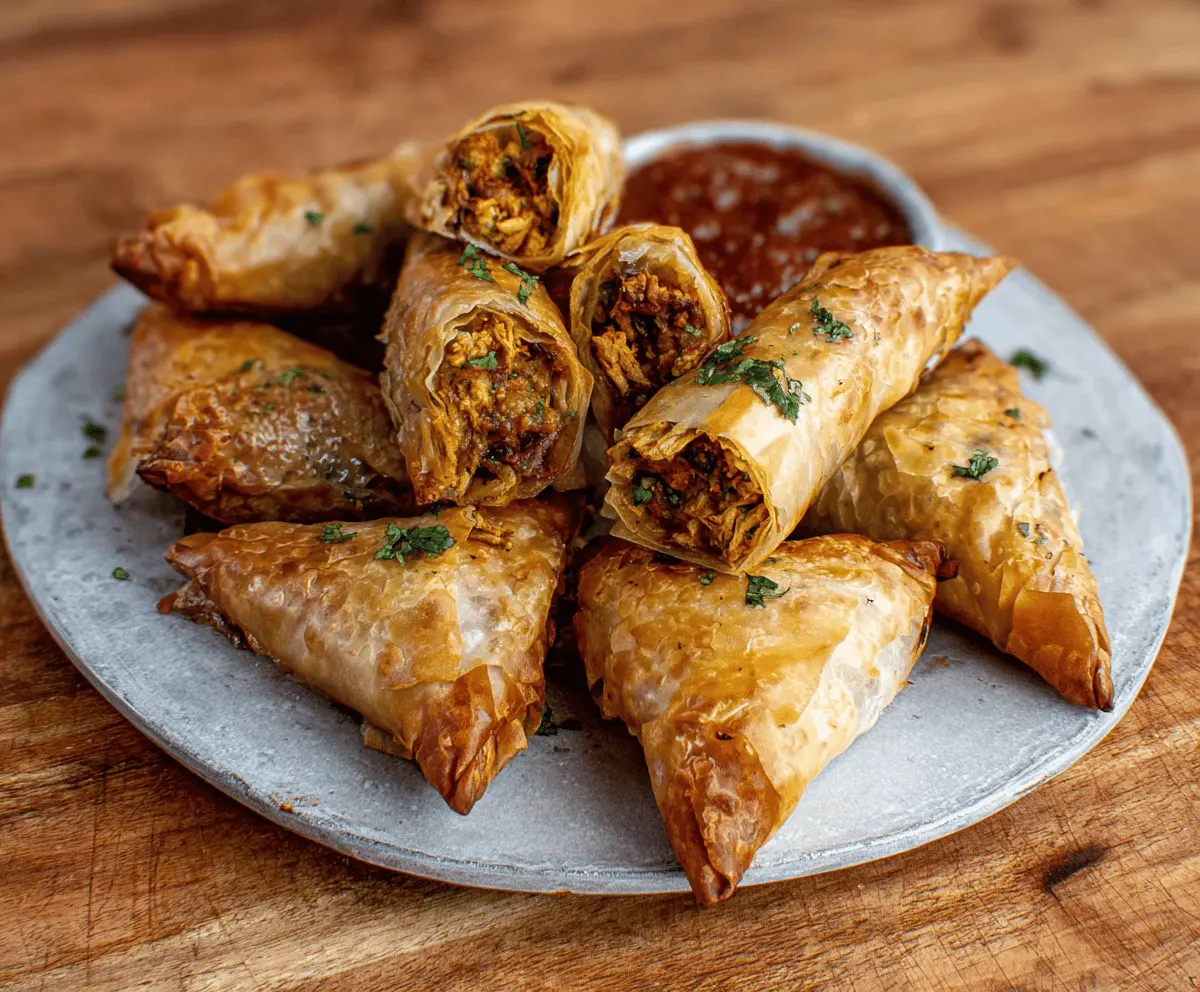 Delicious Moroccan Spiced Chicken Briouats with crispy golden pastry and flavorful filling on a serving plate