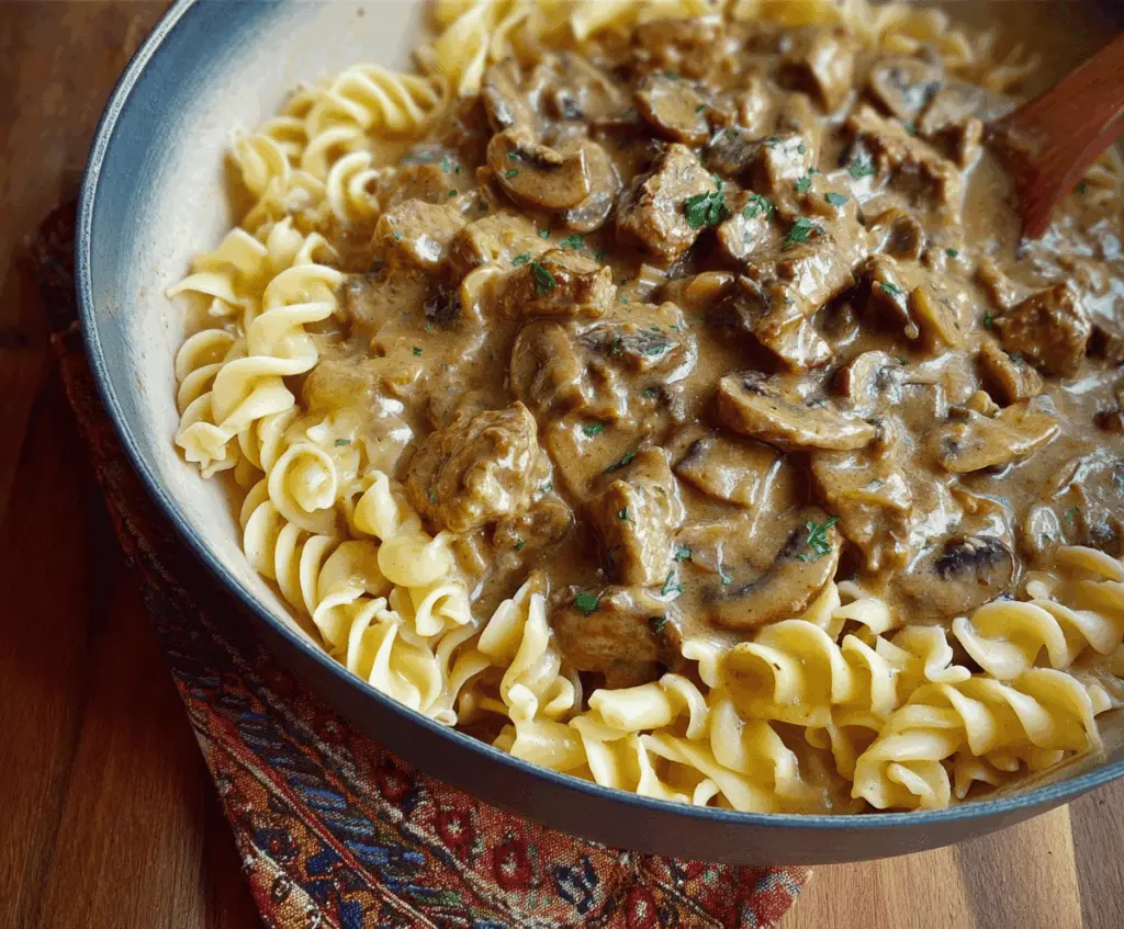 Creamy mushroom and seitan stroganoff served in a bowl with fresh herbs and crusty bread on the side.