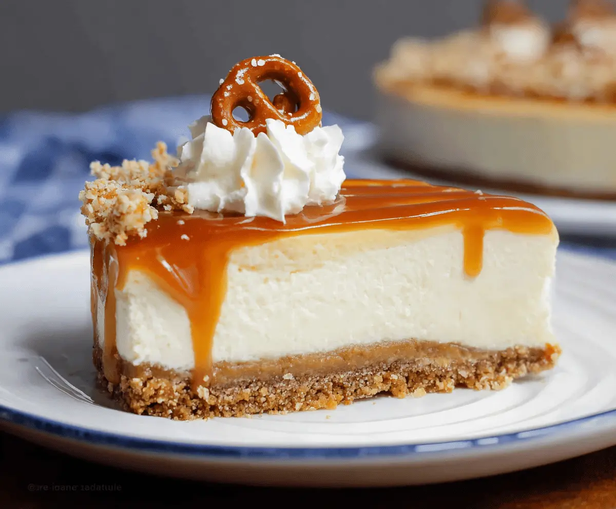 Creamy no-bake salted caramel cheesecake topped with caramel drizzle and sea salt, ready to serve.