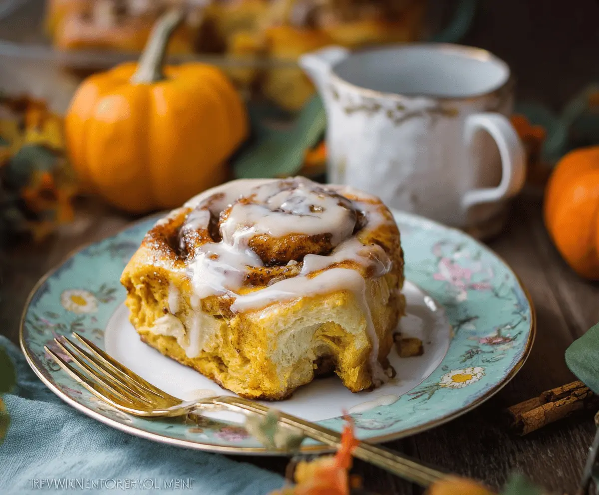 Delicious Pumpkin Cinnamon Rolls topped with Coffee Maple Frosting on a plate, perfect for fall breakfast or brunch