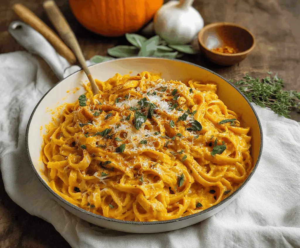 Creamy pumpkin pasta sauce served over cooked pasta with fresh herbs and grated cheese, perfect for fall-inspired meals.