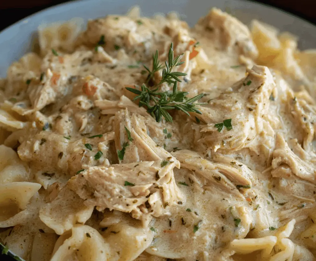 Creamy Ranch Chicken cooked in a crockpot, topped with herbs and served with sides, perfect for easy dinner meals