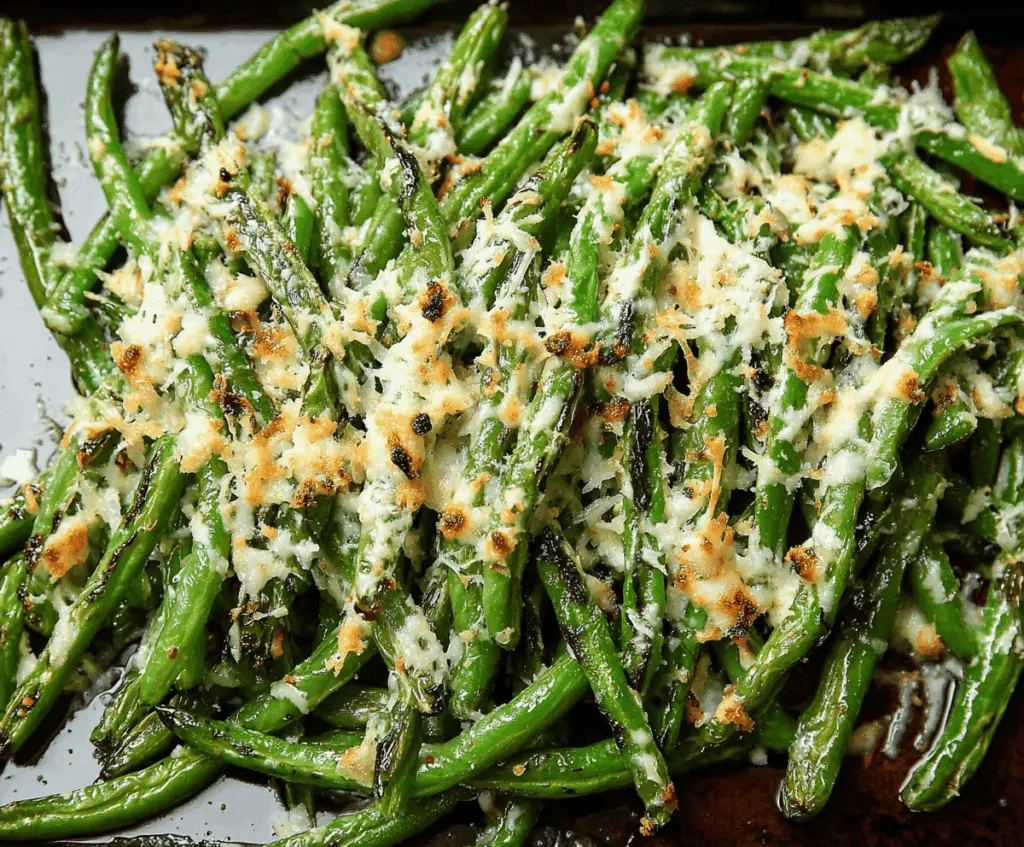Golden roasted green beans topped with grated Parmesan cheese, served as a delicious and healthy side dish