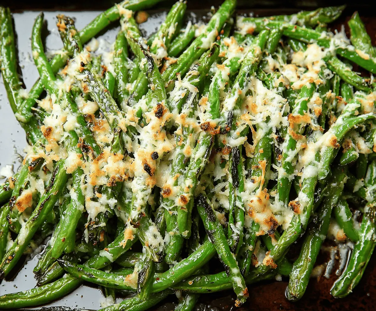 Golden roasted green beans topped with grated Parmesan cheese, served as a delicious and healthy side dish