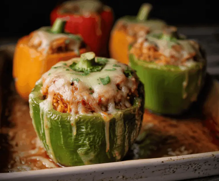SHREDDED CHICKEN & RICE STUFFED PEPPERS (HALLOWEEN STYLE)