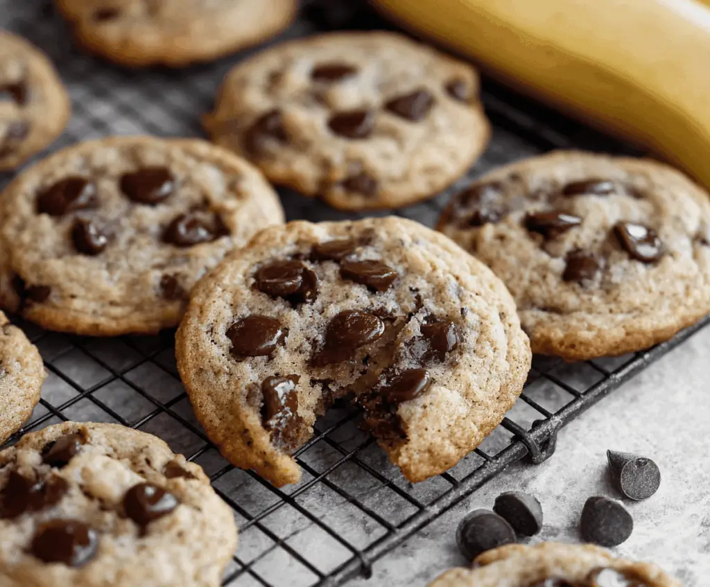 Delicious soft and chewy banana chocolate chip cookies on a plate, featuring ripe bananas, gooey chocolate chips, and golden-brown edges