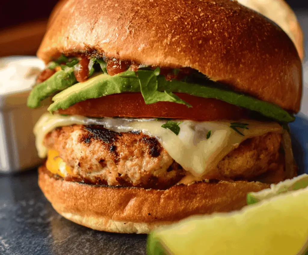 Juicy spicy Southwest turkey burger topped with fresh lettuce, tomato, and melted cheese on a toasted bun, served with side of crispy fries