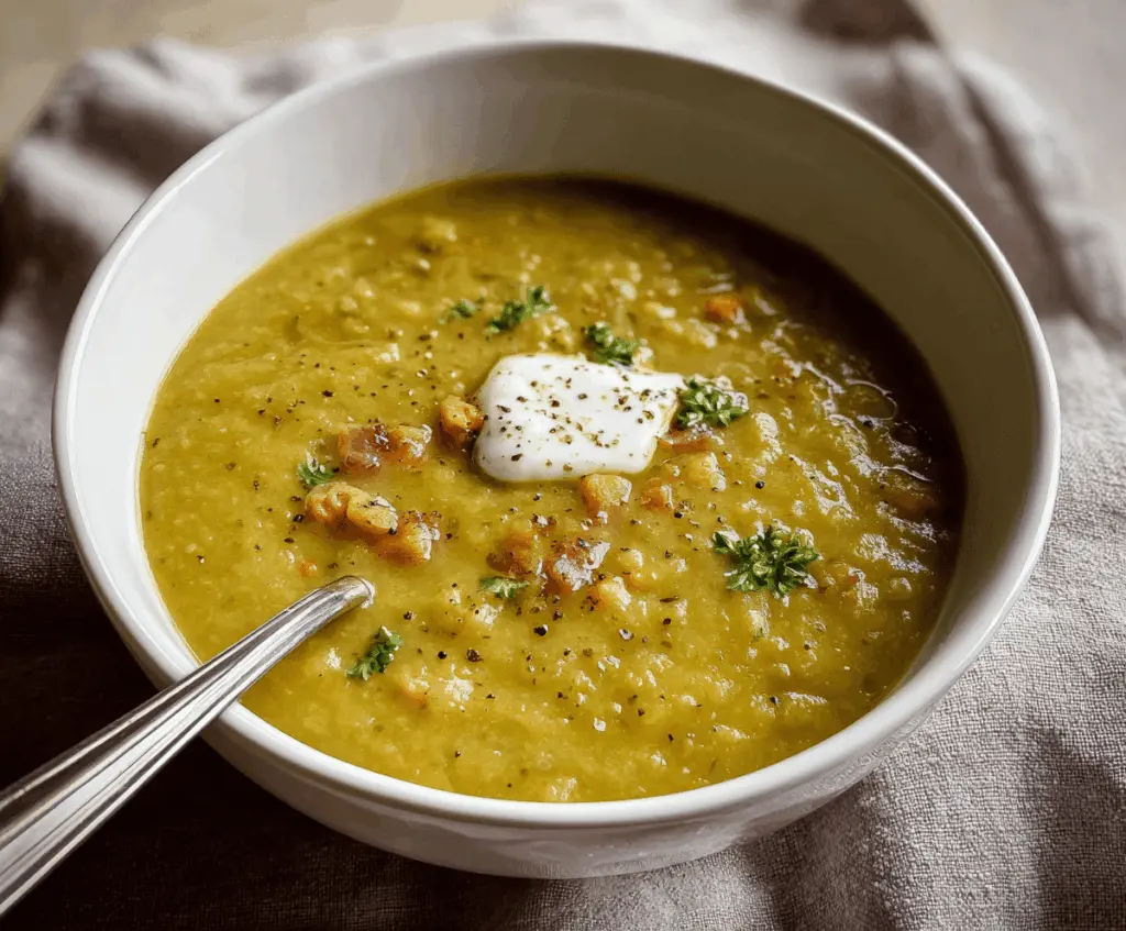 Creamy green split pea soup garnished with fresh herbs in a white bowl, served with crusty bread on a rustic wooden table.