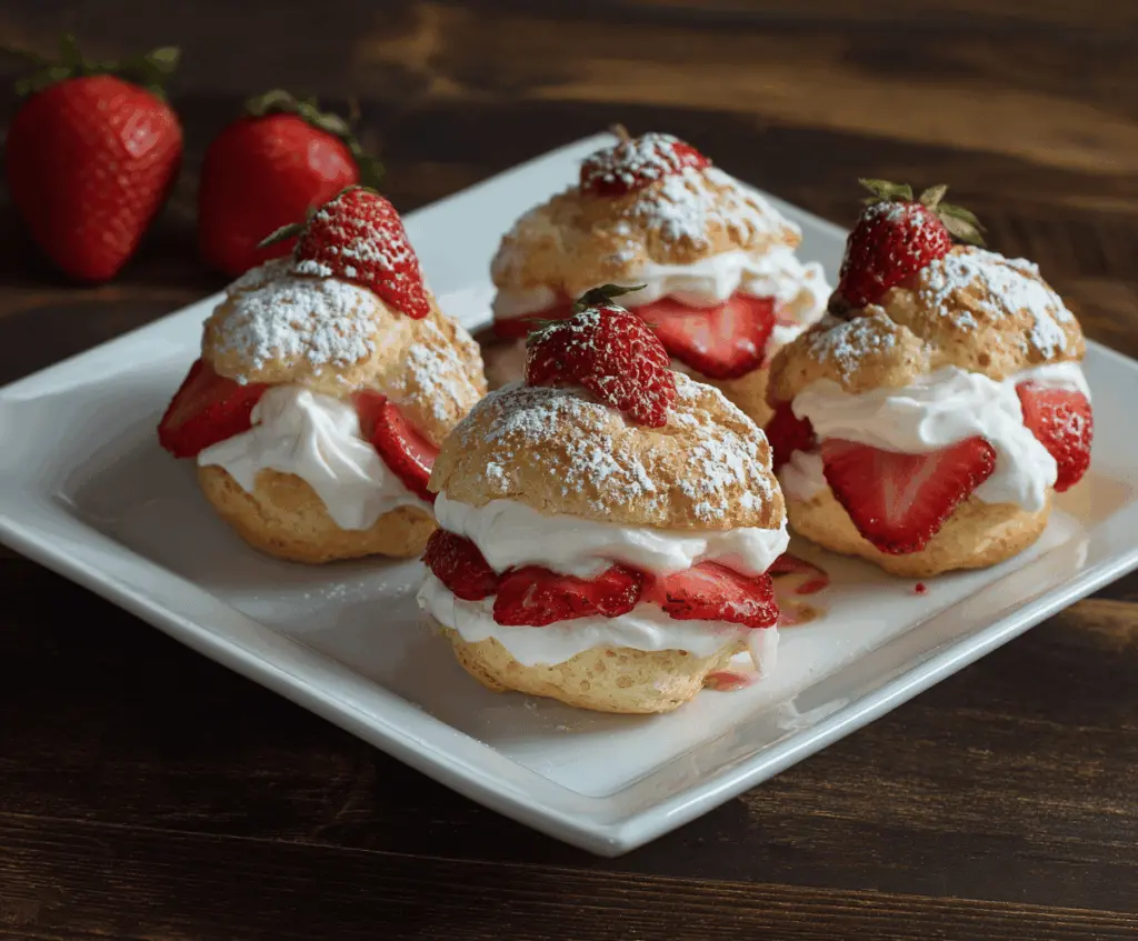 Delicious homemade strawberry cream puffs topped with fresh strawberries and powdered sugar, perfect for dessert or special occasions