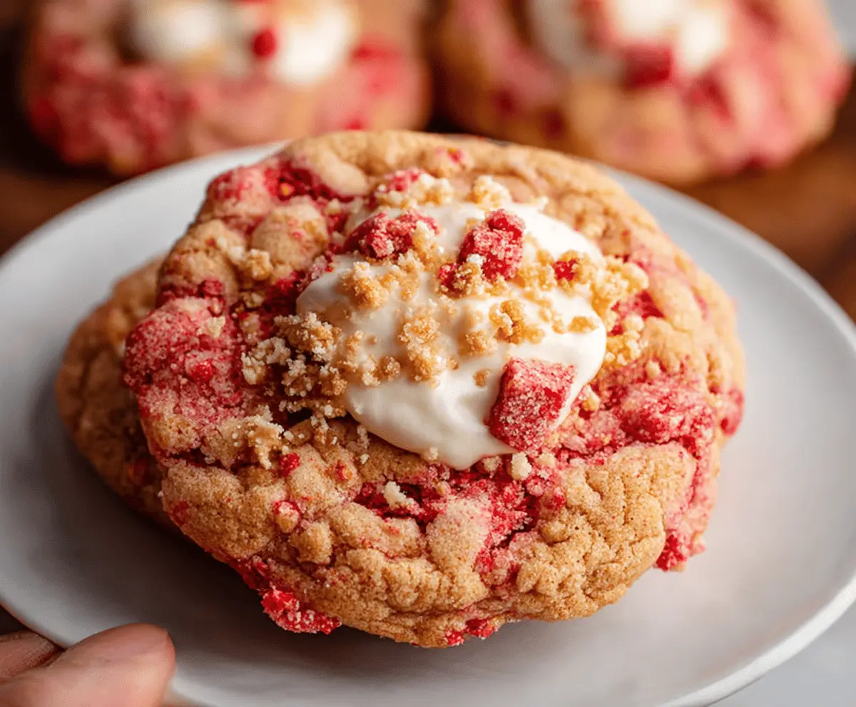 Delicious homemade Strawberry Crunch Cookies with crispy topping and fresh strawberry filling on a rustic plate