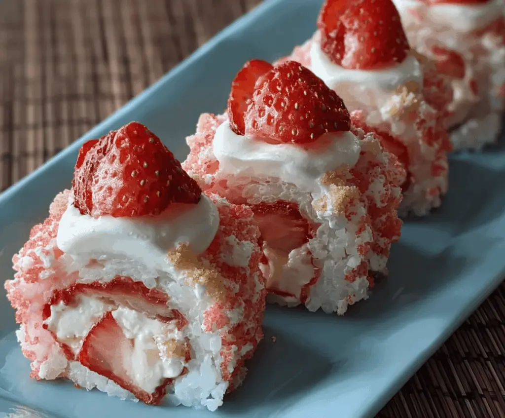 Delicious strawberry shortcake sushi rolls with fresh strawberries, whipped cream, and cake layers sliced for serving