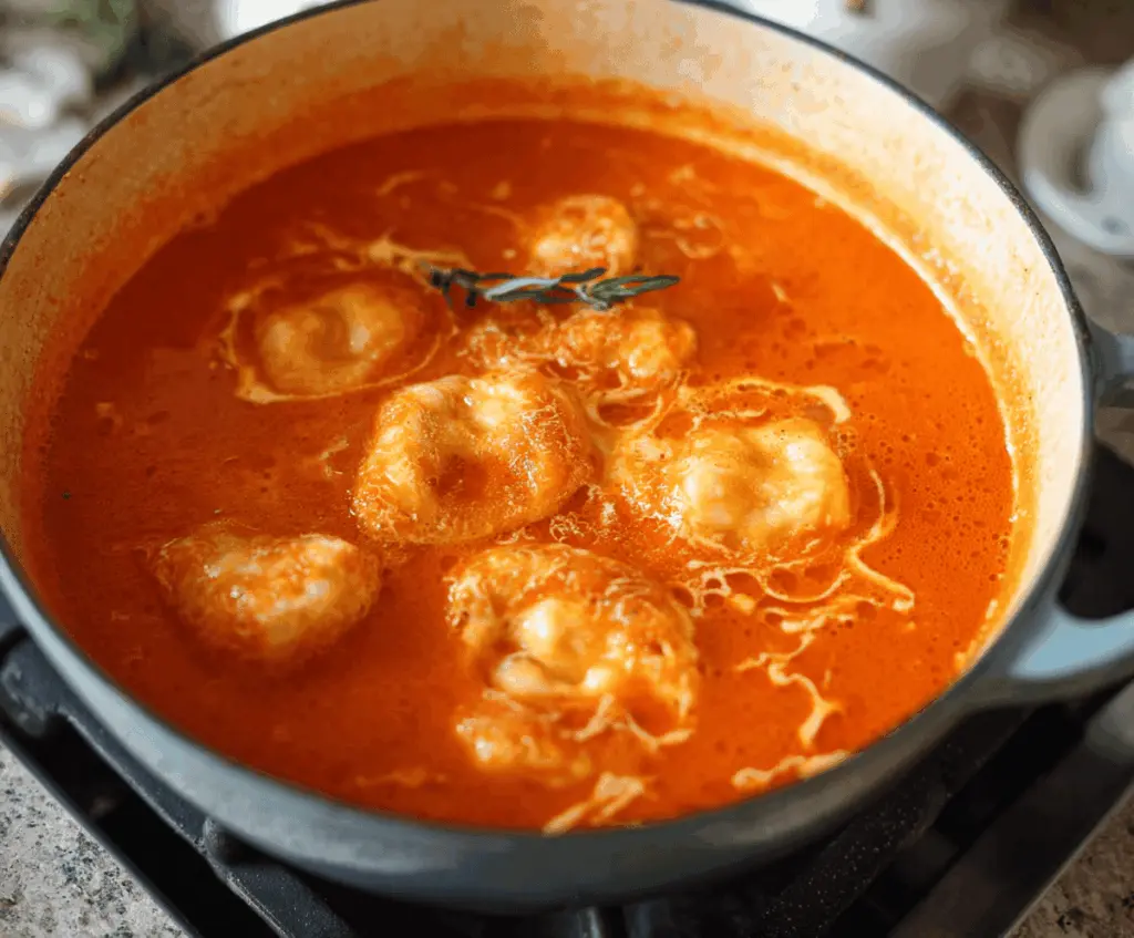 Creamy tomato soup served with cheesy dumplings, garnished with fresh herbs, perfect for a comforting meal.