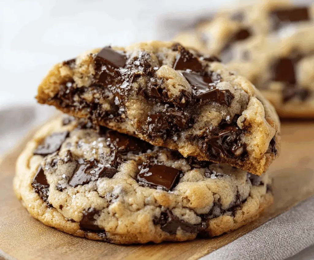 Ultra thick bakery-style chocolate chip cookies with crispy edges and gooey centers, showcasing golden-brown crust and abundant melty chocolate chips