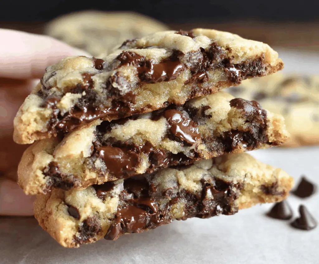 Close-up of ultra thick bakery-style chocolate chip cookies with crispy edges and gooey centers, showcasing their rich chocolate chips and chewy texture