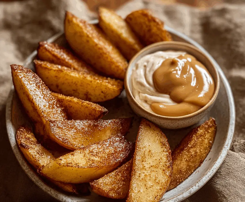 Delicious air fried apple wedges topped with caramel whipped cream on a plate.