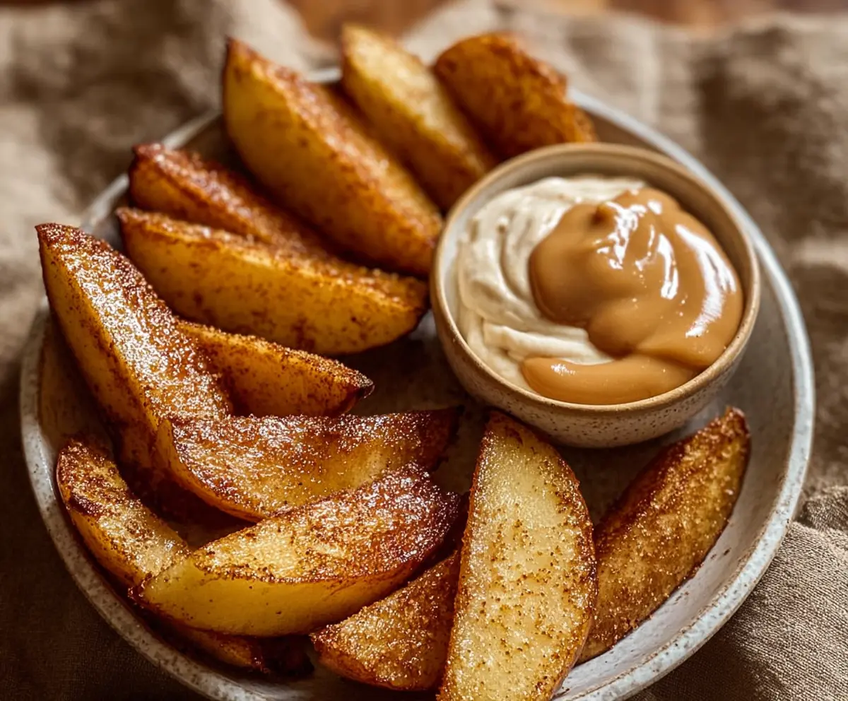 Delicious air fried apple wedges topped with caramel whipped cream on a plate.