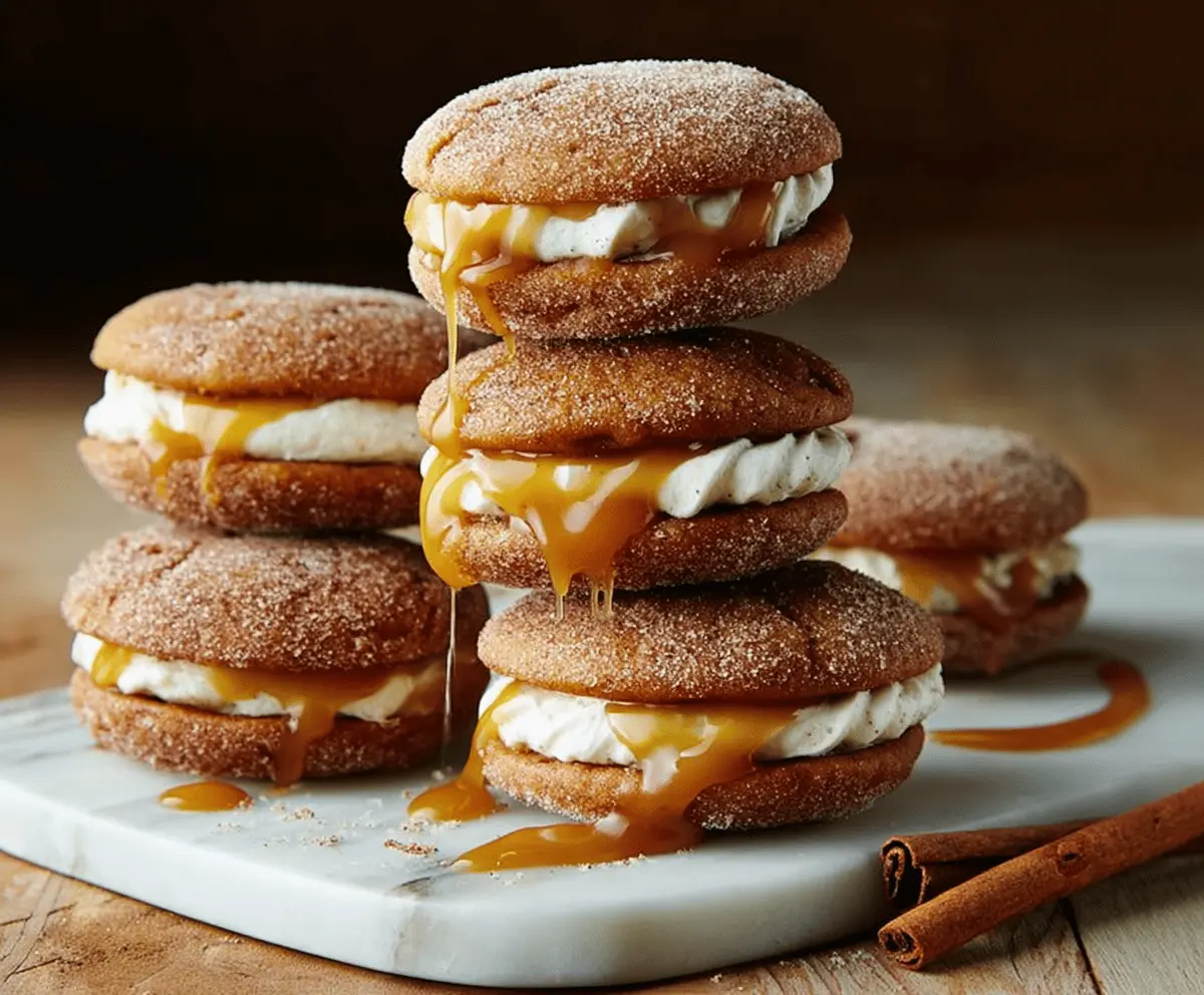 Delicious Apple Cider Whoopie Pie Cookies with Caramel filling on a rustic plate