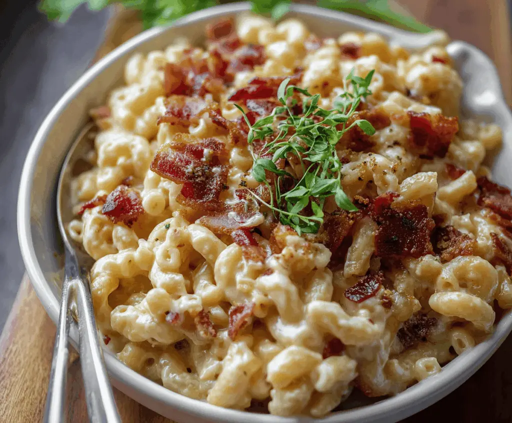 Creamy bacon mac and cheese on a plate with crispy bacon chunks and melted cheese
