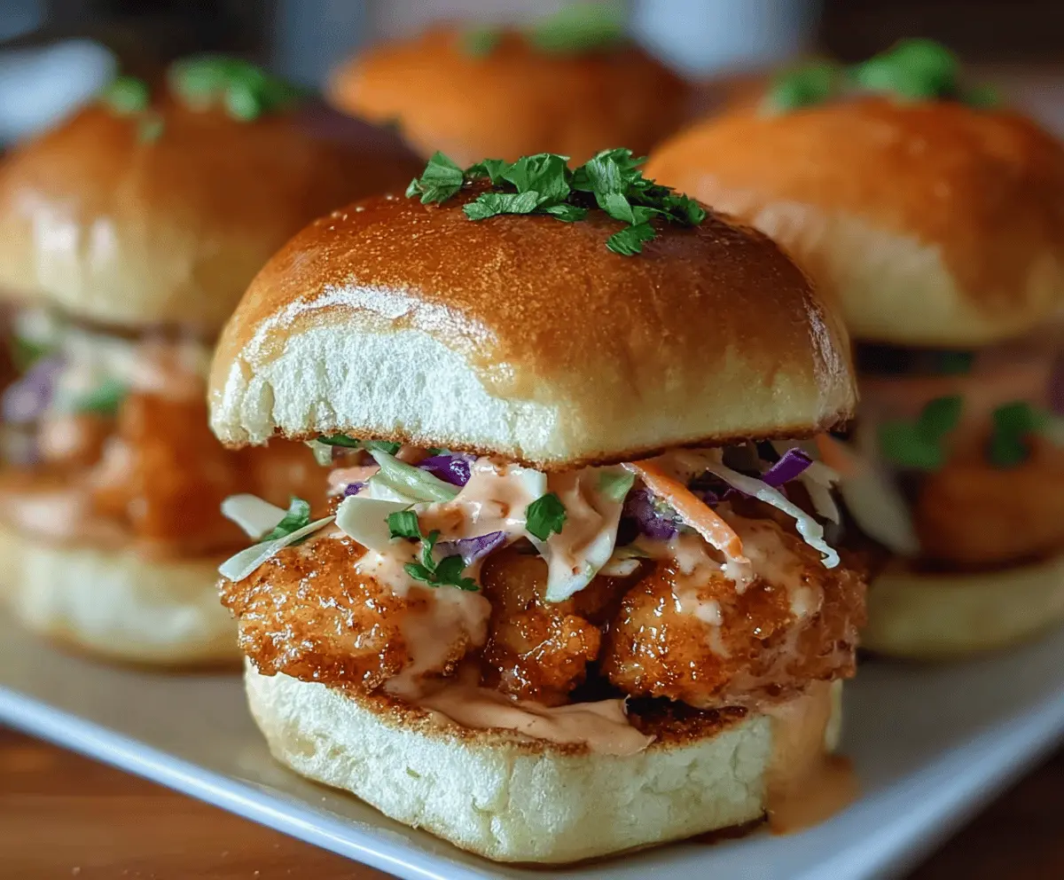 Delicious Bang Bang Chicken Sliders topped with crispy lettuce and spicy sauce on a wooden board.