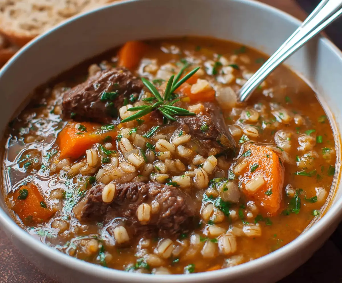 Hearty beef barley soup in a bowl with fresh vegetables and herbs for a comforting meal.