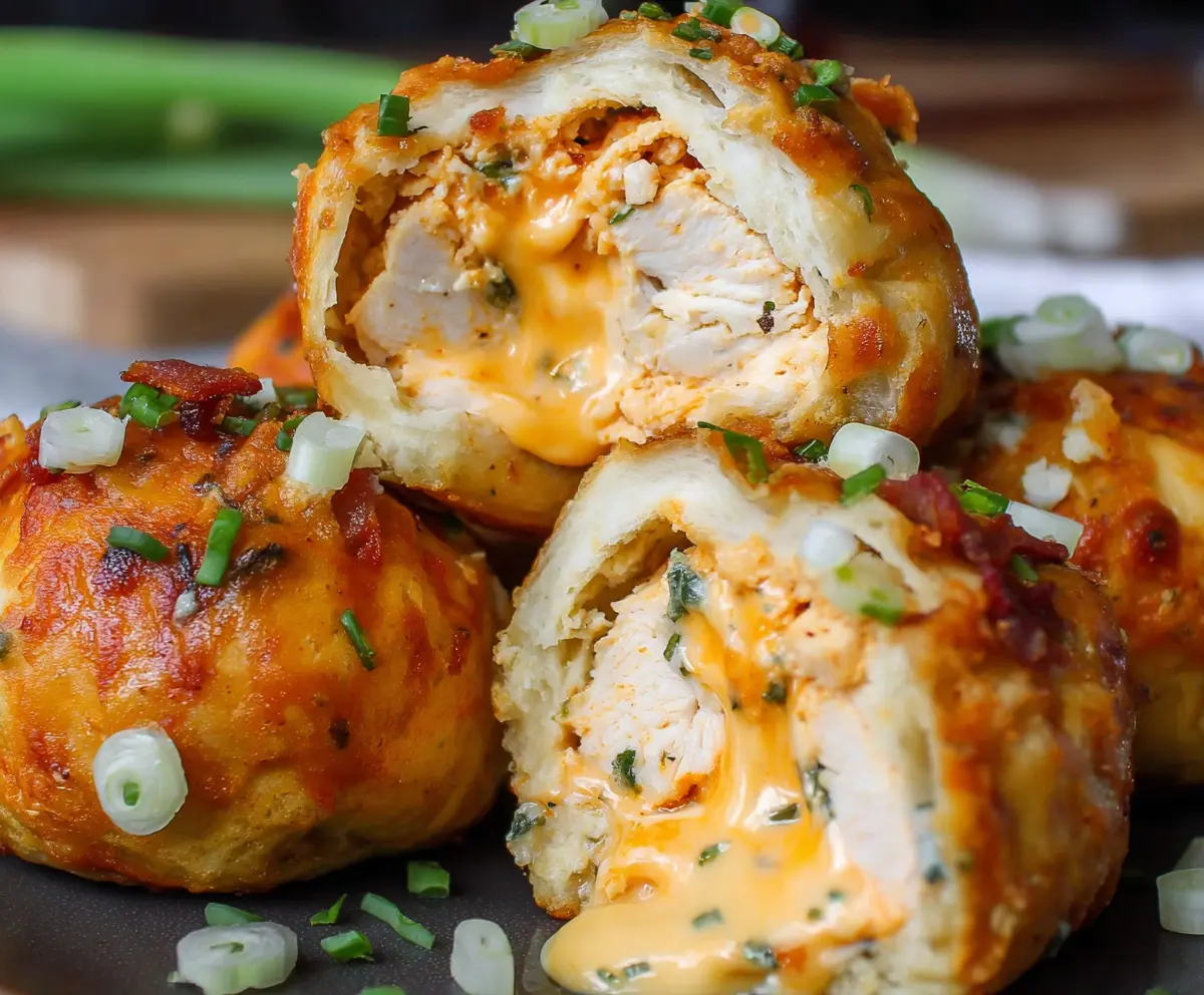 Close-up of Buffalo Chicken Bacon Mozzarella Bombs showcasing crispy bacon, melted mozzarella, and spicy buffalo chicken filling.