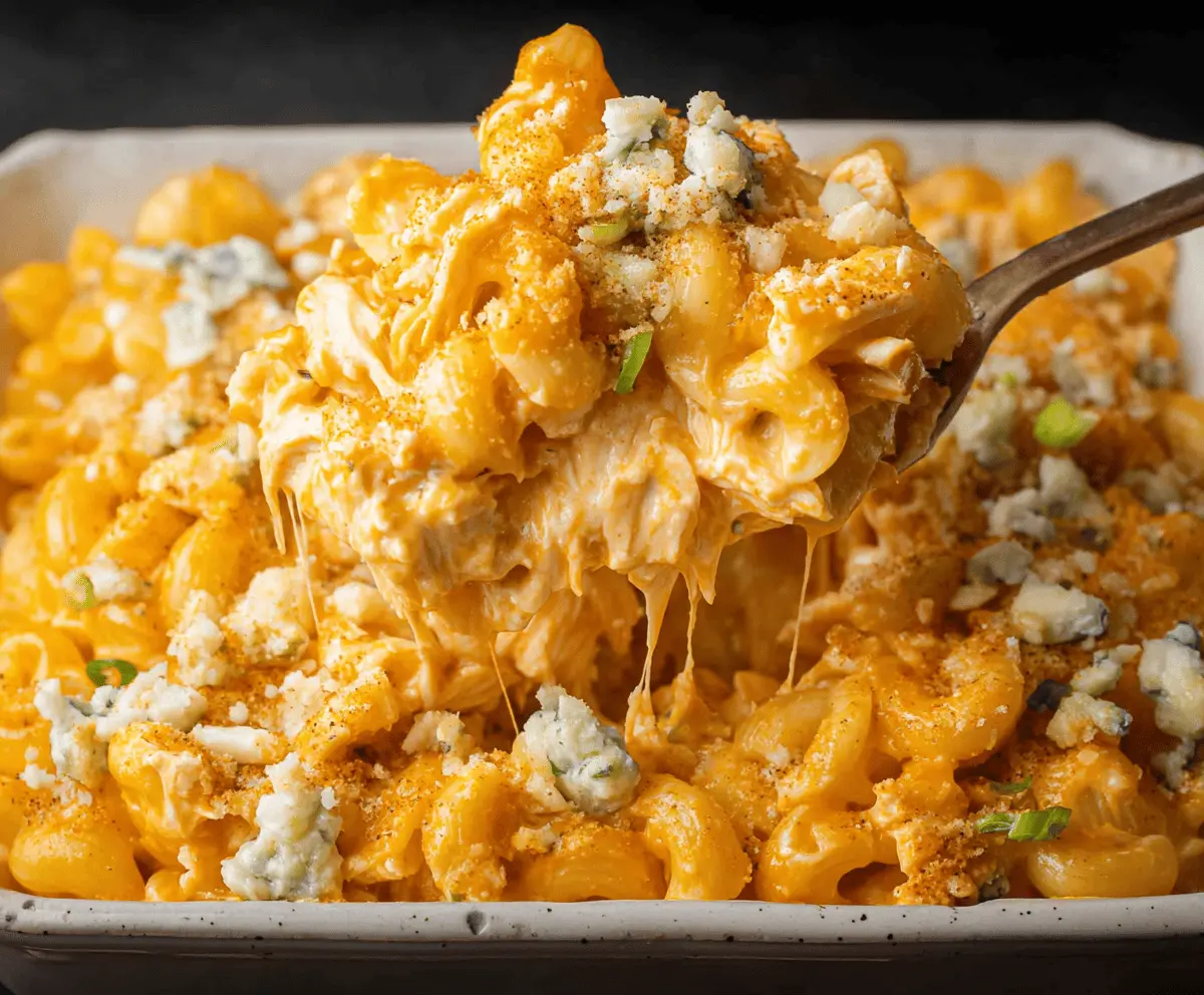 Creamy Buffalo Chicken Mac & Cheese topped with shredded cheese and crispy chicken bits.