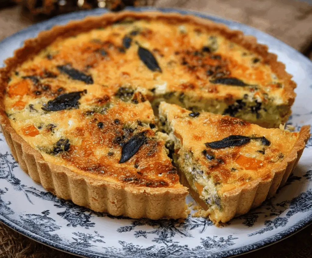 Delicious butternut squash and sage quiche with a golden crust, perfect for a cozy brunch.