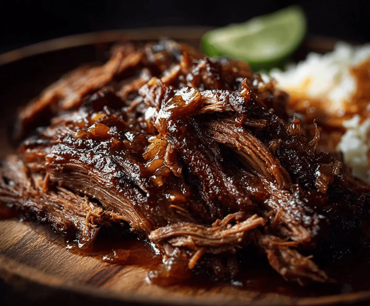 Delicious caramelized pulled beef brisket served on a platter with sides