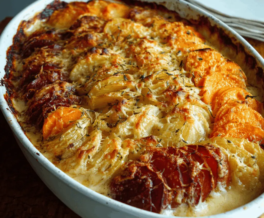 Delicious cheesy root vegetable gratin featuring a golden baked crust and colorful vegetables.