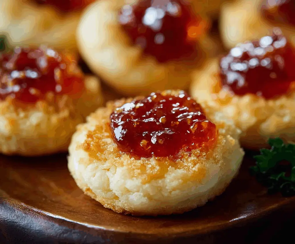 Delicious cheesy thumbprint appetizers topped with spicy hot pepper jelly, perfect for parties and gatherings.