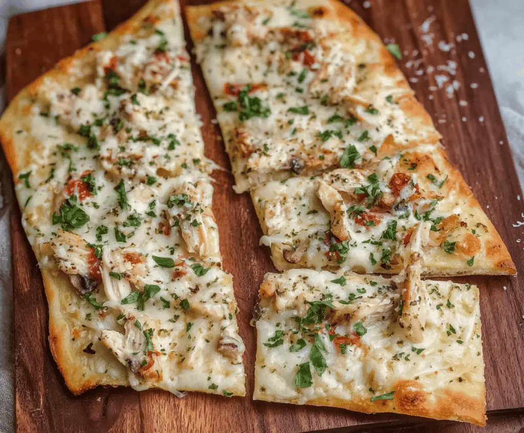 Delicious Chicken Alfredo Flatbread topped with creamy Alfredo sauce and melted cheese