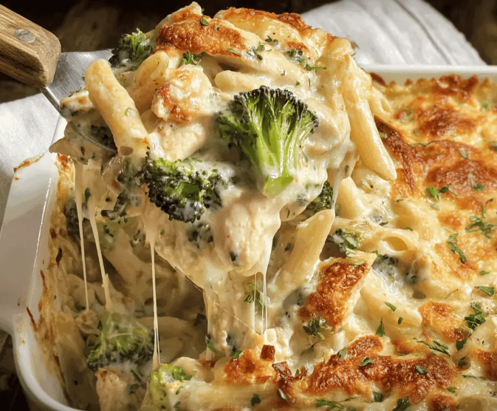 Delicious Chicken and Broccoli Alfredo Bake served hot on a plate.