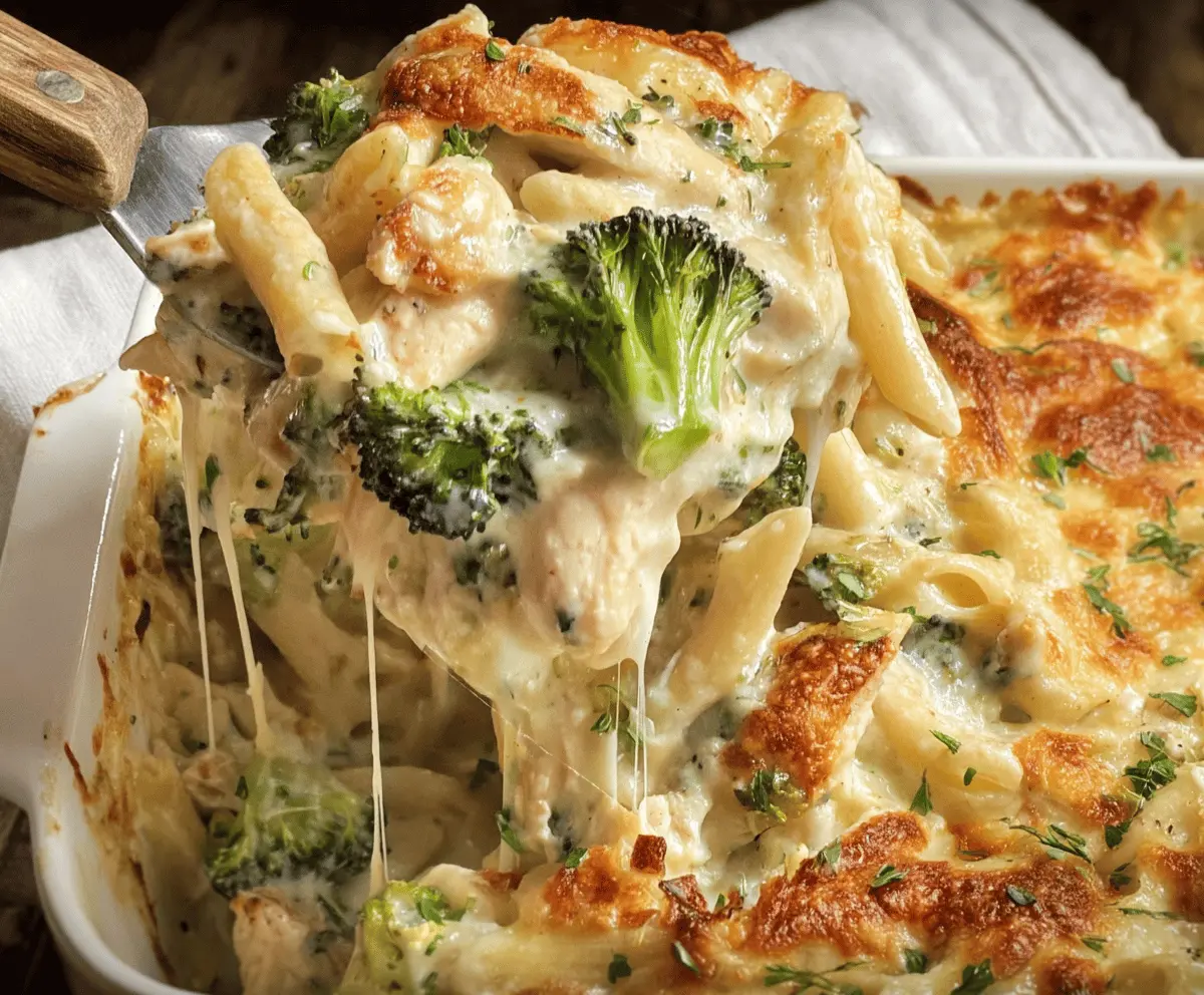 Delicious Chicken and Broccoli Alfredo Bake served hot on a plate.