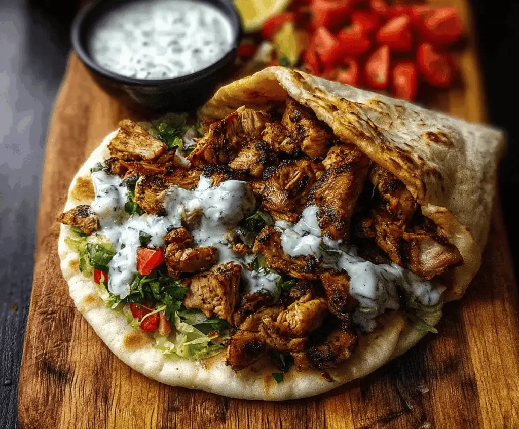 Delicious homemade chicken shawarma with garlic sauce served on a plate.