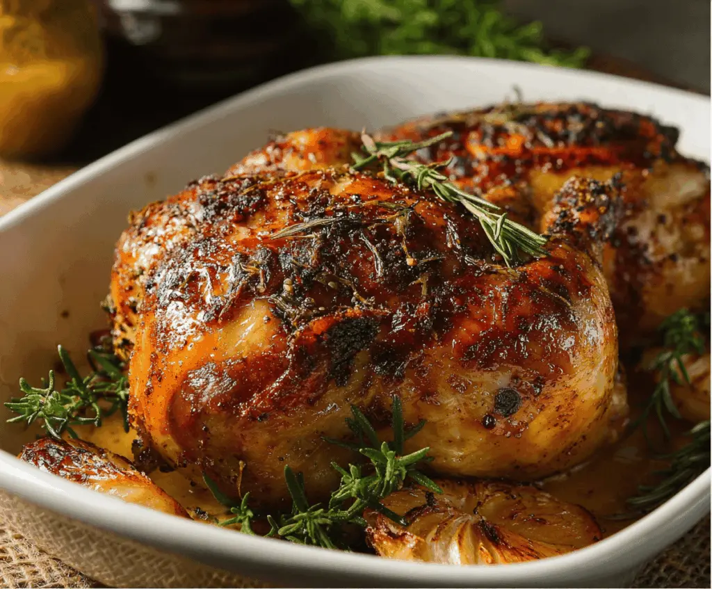 Delicious Cider Maple Oven Roasted Cornish Hen served on a platter, showcasing a crispy golden-brown skin and tender, flavorful meat.