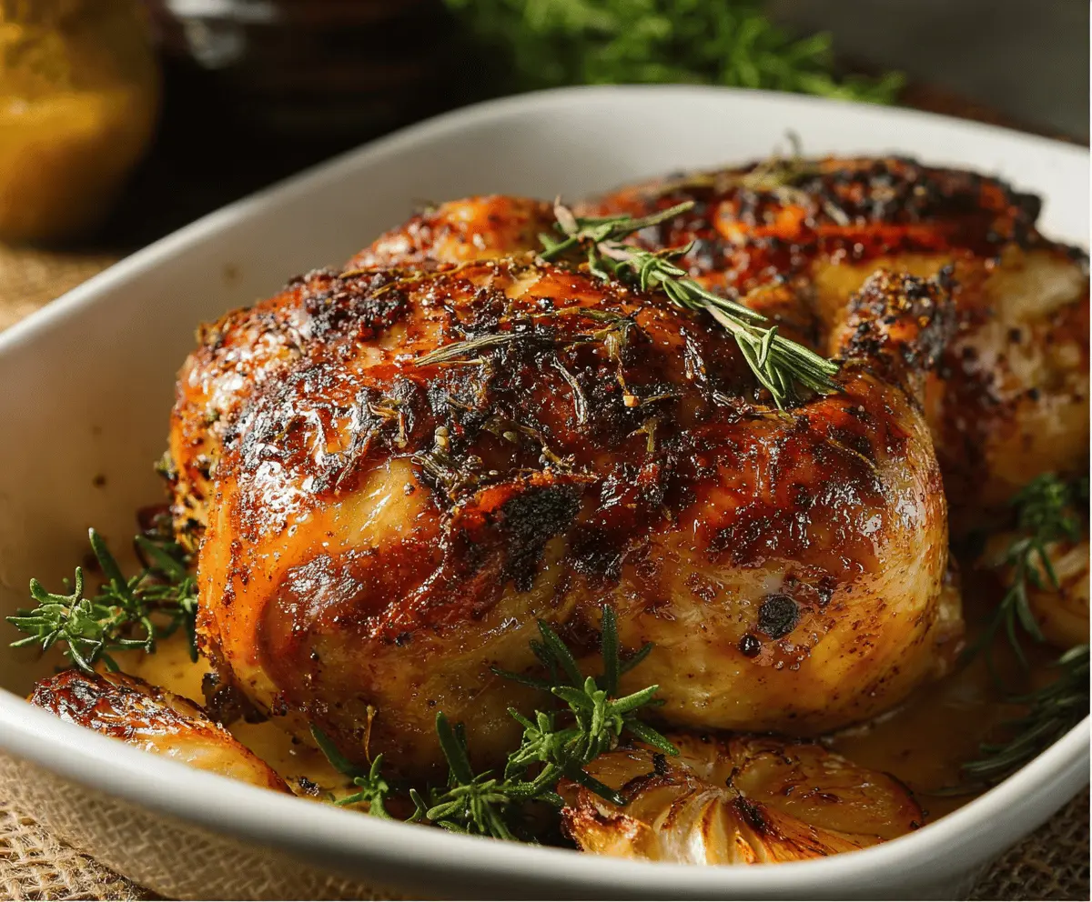 Delicious Cider Maple Oven Roasted Cornish Hen served on a platter, showcasing a crispy golden-brown skin and tender, flavorful meat.