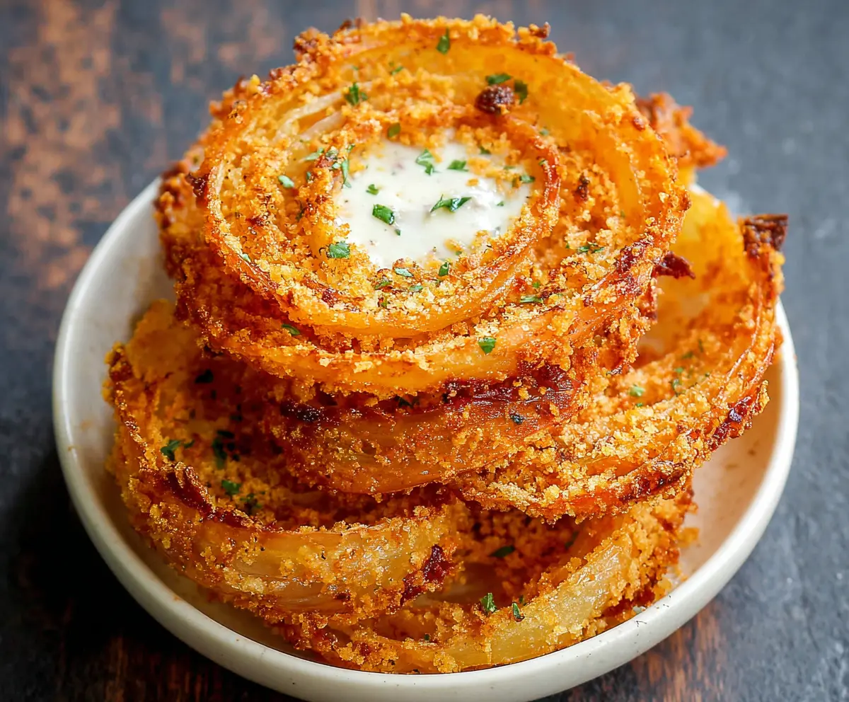 Crispy Parmesan Onion Ring Chips on a plate, garnished with herbs, ready to serve as a savory snack.