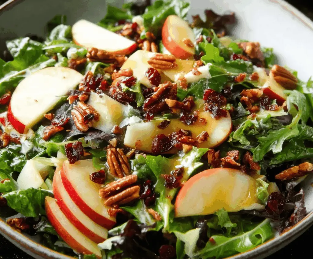 Fresh Crunchy Fall Apple Salad topped with nuts and drizzled with maple vinaigrette on a rustic wooden table.
